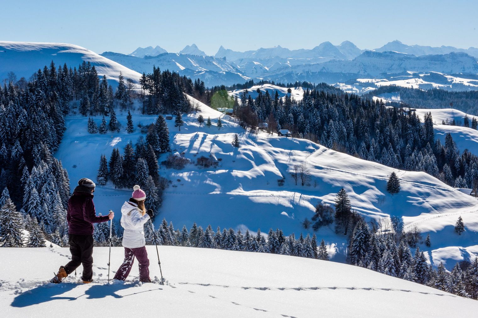 Winterliche Schneeschuhtour auf der Lüderenalp im Emmental mit Aussicht auf die Berge.